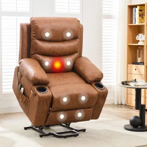 Power Lift Recliner Chair for Elderly, Oversized Electric Lift Chair with Heat and Massage, Corduroy Adjustable Recliner with Cup Holders & Side Pocket for Living Room, PU Leather Brown
