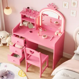 Kids Vanity Table Set with 3-Color Touch LED Mirror and Vanity Stool, Pink