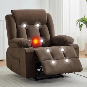 Recliner Chair 24" Seat Width, Manual Reclining Sofa with Massage and Heat, Comfy Overstuffed Rocking Chair with Side Pockets, Front Pockets and Cup Holder for Living Room, Brown