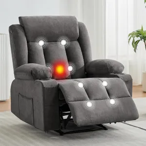 Recliner Chair 24" Seat Width, Manual Reclining Sofa with Massage and Heat, Comfy Overstuffed Rocking Chair with Side Pockets, Front Pockets and Cup Holder for Living Room, Gray