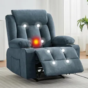 Recliner Chair 24" Seat Width, Manual Reclining Sofa with Massage and Heat, Comfy Overstuffed Rocking Chair with Side Pockets, Front Pockets and Cup Holder for Living Room, Blue