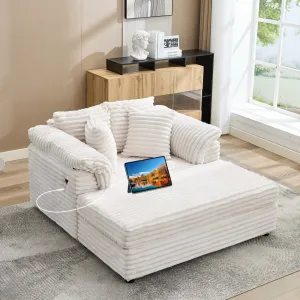 Oversized Chaise Lounge Chair, Upholstered Sofa Bed with USB Port Throw Pillows Supportive Armrests, Indoor Comfy Corduroy Cloud Sleeper Couch for Living Room, Beige