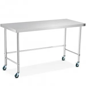 60"L x 24"W x 35"H Stainless Steel Table with Wheels, Kitchen Restaurant Prep Work Metal Table Countertop, Open Base, Silver