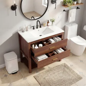 Mid-Century 36" Bathroom Vanity with U-Shape Drawers and Bottom Shelf, Walnut