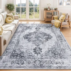 8x10 Living Room Rugs, Soft Vintage Large Area Rugs for Bedroom Boho Farmhouse Low Pile Non-Slip Indoor Carpet Rugs for Living Room Dining Room Home (Grey, 8'x10')