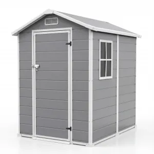 Durable Waterproof Resin Outdoor Storage Outdoor Storage with Floor – 4x6 FT, Window, Sloped Roof, Lockable Door, Easy Assembly – Perfect for Patio, Backyard, Lawn Mower, Bike & Tool Storage – Light Gray