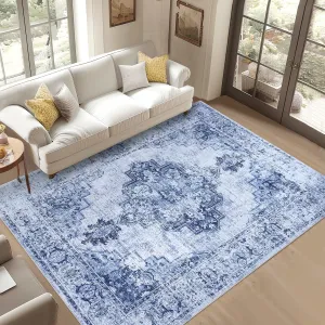 5x7 Area Rugs for Living Room Washable, Soft Vintage Large Bedroom Rugs, Boho Farmhouse Low Pile Non-Slip Indoor Throw Carpet Rugs for Bedroom Dining Room (Navy Blue, 5'x7')