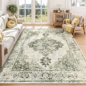 10x13 Area Rugs for Living Room Washable, Soft Vintage Large Bedroom Rugs Boho Farmhouse Low Pile Non-Slip Indoor Carpet Rugs for Dining Room (Green, 10'x13')