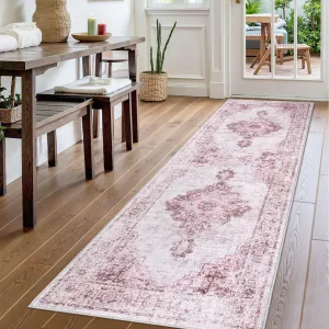 Pink Hallway Runner Rug 2x6, Soft Vintage Washable Kitchen Runner Rugs, Boho Retro Low Pile Non-Slip Rug Runners for Hallways Bedroom Laundry Room, Pink