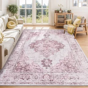 10x13 Pink Area Rugs for Living Room Washable, Soft Vintage Large Bedroom Rugs Boho Farmhouse Low Pile Non-Slip Indoor Carpet Rugs for Dining Room (Pink, 10'x13')