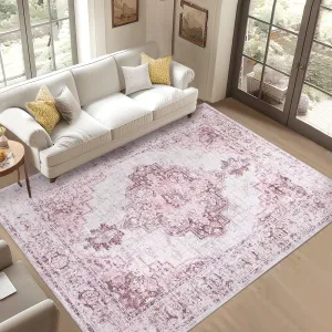 9x12 Pink Area Rugs for Living Room Washable, Soft Vintage Large Bedroom Rugs Boho Farmhouse Low Pile Non-Slip Indoor Carpet Rugs for Bedroom Dining Room (Pink, 9'x12')