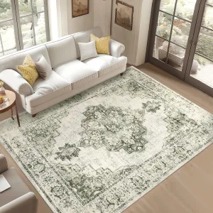 5x7 Area Rugs for Living Room Washable, Soft Vintage Large Bedroom Rugs, Boho Farmhouse Low Pile Non-Slip Indoor Throw Carpet Rugs for Bedroom Dining Room (Green, 5'x7')