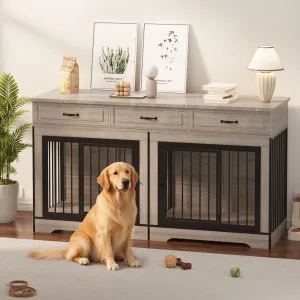 71" Dog Crate Furniture for 2 Dogs, Heavy Duty Double Dog Kennel with 3 Drawers, Extra Large Furniture Style Indoor Dog Crate Table TV Stand  for Medium/Large Dogs, Light Gray