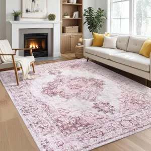 Pink Area Rugs 5x7 Washable, Soft Vintage Large Area Rugs for Living Room, Boho Farmhouse Low Pile Non-Slip Indoor Throw Carpet Rugs for Bedroom Dining Room (PInk, 5'x7')