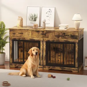 71" Dog Crate Furniture for 2 Dogs, Heavy Duty Double Dog Kennel with 3 Drawers, Extra Large Furniture Style Indoor Dog Crate Table TV Stand  for Medium/Large Dogs, Brown