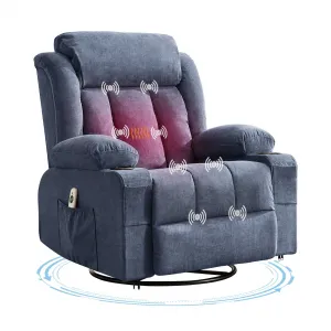 Rocker Recliner Chair with Heat and Massage, Manual Recliner 360° Swivel Oversized Chairs for Adults, Lazy Boy Single Sofa Seat with 3 Positions, 2 Side Pockets, Cup Holders, and USB Ports, Blue