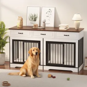 71" Dog Crate Furniture for 2 Dogs, Heavy Duty Double Dog Kennel with 3 Drawers, Extra Large Furniture Style Indoor Dog Crate Table TV Stand  for Medium/Large Dogs, White&Walnut