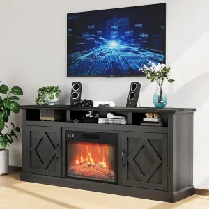 67” Black TV Stand with Fireplace for 65 75 80 inch TV, Farmhouse Entertainment Center with 23“ Remote-Control Fireplace Heater, TV Console with 2 Doors & Open Shelfs for Living Room/Bedroom