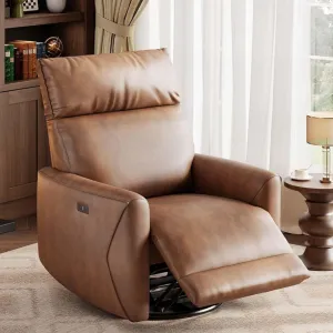 Power Recliner Chair Swivel Glider, Premium PU Leather Upholstered Nursery Rocker Reclining Sofa Chair with Charging Port, Curved Armrests & Padded Backrest for Living Room, Bedroom, Brown
