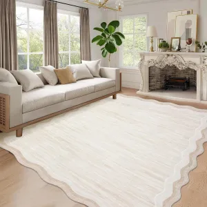 Washable Rugs 8x10 Scallop Solid Living Room Rug Beige, Non-Slip, Stain-Resistant, Low Pile, Soft Modern Carpet for Bedroom Nursery Playroom