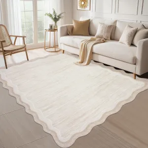 Scalloped Area Rugs Off White 9x12 Washable Modern Accent Rug, Stain-Resistant Foldable Floor Mat with Non-Slip Backing, Contemporary Low Pile Indoor Carpet for Bedroom, Living Room