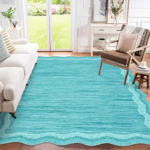 Scalloped Rug Modern Solid Living Room Carpet 5x7 Teal Non-Slip Machine Washable Low Pile