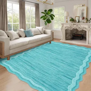 Washable Scalloped Area Rug 10x13- Non-Shedding, Machine Washable - 100% Polyester, Non-Slip Backing - Soft Low Pile, Stain Resistant - Pink, Beige, Teal - Living Room, Bedroom, Playroom