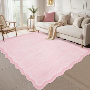 Scalloped Rug 5x7 Modern Solid Color Living Room Carpet, Non-Slip Contemporary Floor Rug, Machine Washable Low Pile Indoor Mats for Bedroom, Playroom, Office, Pink
