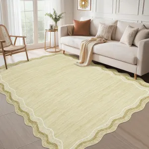 Washable Scalloped Area Rugs 5x7 Beige Modern Low Pile Accent Carpet for Living Room Bedroom