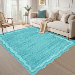 Scalloped Washable Rugs 8x10 Living Room Rug Teal Non-Slip Stain-Resistant Low Pile Soft Modern Carpet