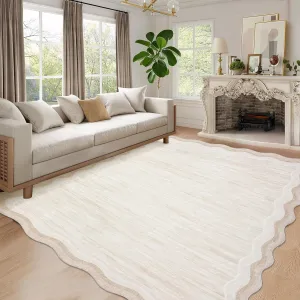 Scalloped Rug 5x7 Modern Solid Color Living Room Carpet, Non-Slip Contemporary Floor Rug, Machine Washable Low Pile Indoor Mats for Bedroom, Playroom, Office, Beige