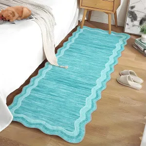 Washable Scalloped Rug Runner 2x6 Ultra-Soft Low Pile Hallway Rug, Non-Slip Non-Shedding Modern Carpet Runner, Foldable Thin Indoor Floor Mats for Laundry, Bedroom, Teal