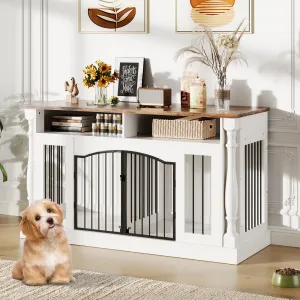 Roman Column 63 Inch Large Dog Crate Furniture for 2 Dogs with Open Storage, Heavy Duty Dog Kennel Entertainment Table TV Stand for Small and Medium Dogs