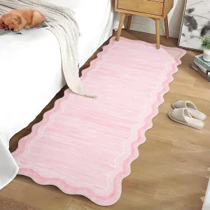 Washable Scalloped Rug Runner 2x6 Ultra-Soft Low Pile Hallway Rug, Non-Slip Non-Shedding Modern Carpet Runner, Foldable Thin Indoor Floor Mats for Laundry, Bedroom, Pink