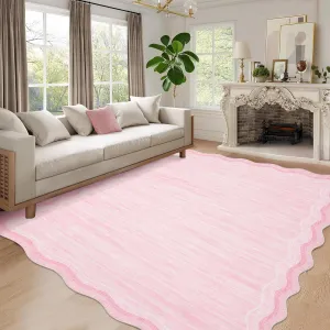 Washable Scalloped Area Rug 9x12 - Non-Shedding, Machine Washable - 100% Polyester, Non-Slip Backing - Soft Low Pile, Stain Resistant - Living Room, Bedroom, Playroom