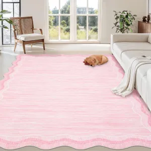 Large Scalloped Rug 10x13 Solid Color Dining Room Carpet, Decorative Modern Floor Carpet with Non-Slip Backing, Foldable Low Pile Indoor Rug for Living Room, Bedroom, Pink