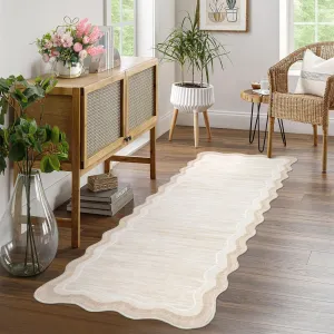 Washable Scalloped Rug Runner 2x6 Ultra-Soft Low Pile Hallway Rug, Non-Slip Non-Shedding Modern Carpet Runner, Washable Solid Indoor Easy Cleaning Mats for Laundry, Bedroom