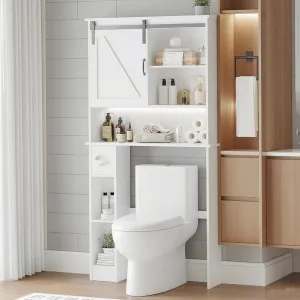 Over The Toilet Storage Cabinet with Sliding Barn Door and Paper Holder, White