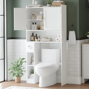 Over The Toilet Storage Cabinet with Magnetic Doors and Paper Holder, White