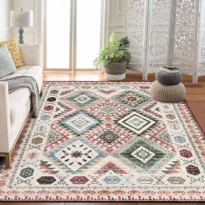 Washable Modern Area Rug Geometry Style Bohemian Rustic Geometric 10'x13' Red for Bedroom Kitchen Living Room