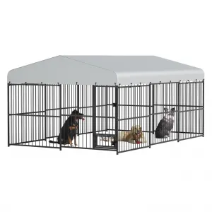 Outdoor Heavy Duty Large Dog Kennel, Walk-in Dog Cage with Metal Gate & Secure Lock, Large Dog Enclosure with Waterproof Roof, Includes Feeding Doors & Bowls for Backyard, 10x15x6 ft
