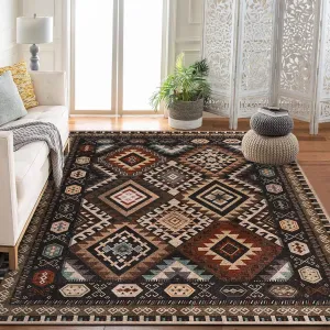 Washable Modern Area Rug Geometry Style Bohemian Rustic Geometric 9'x12' Brown for Bedroom Kitchen Living Room
