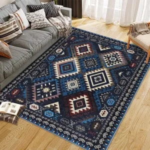 Washable Modern Area Rug Geometry Style Bohemian Rustic Geometric 9'x12' Blue for Bedroom Kitchen Living Room