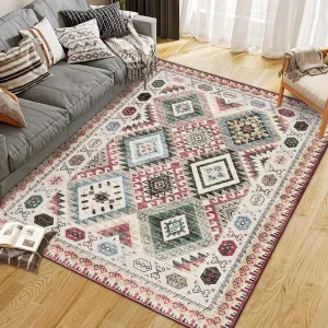 Area Rug Machine Washable Non-Slip Low Pile Geometric Print for Living Room Bedroom Nursery Entryway, Various Sizes, Multi-Color