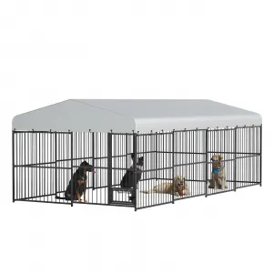 Outdoor Heavy Duty Large Dog Kennel, Walk-in Dog Cage with Metal Gate & Secure Lock, Large Dog Enclosure with Waterproof Roof, Includes Feeding Doors & Bowls for Backyard, 10x20x6 ft
