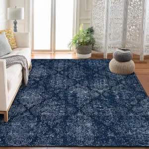 Persian Blue 9x12 Washable Non Slip Low Pile Boho Floral Paisley Rug Soft Foldable Carpet for Bedroom Living Room Bedside