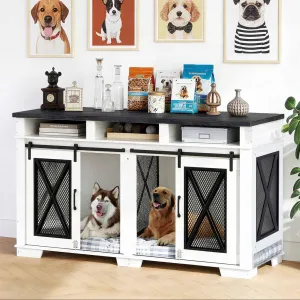 Dual-Panel Dog Crate Furniture, 71" Heavy Duty Dog Kennel Furniture with 3 Storages and Removable Divider, Double Dog Crate Table Indoor TV Stand for Large Medium Dogs, Black&White