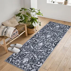 Traditional Area Rug 2'x6' Foldable Indoor Washable Rug Grey Non-Slip Thin Retro Floral Accent Carpet Mat