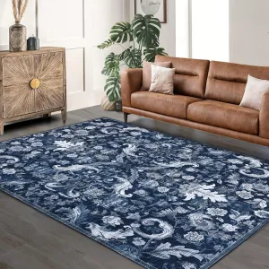 Traditional Area Rug Foldable Indoor Washable Thin Retro Floral Non-Slip Carpet 9'x12' Dark Blue