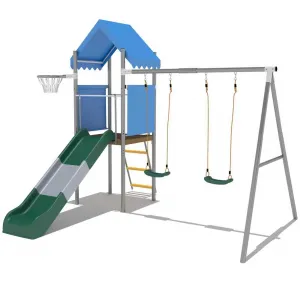 Kids Outdoor Playset with Dual Swings, Slide & Basketball Hoop, Galvanized Steel Frame Playground Equipment for Backyard, Garden & Outdoor Play Swing Playset Accessories